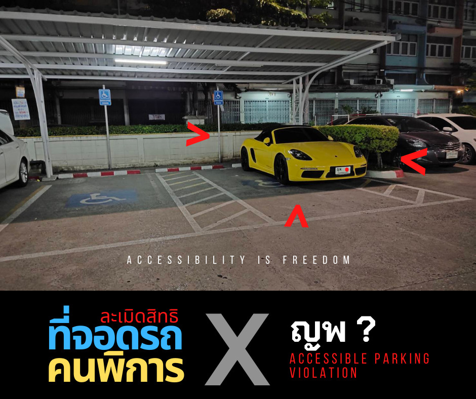 ภาพ รถสปอร์ตสีเหลืองจอดบนพื้นที่จอดรถคนพิการ