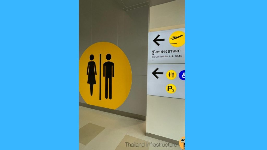 ภาพ สนามบินขอนแก่น ทางไปห้องน้ำ มีสัญลักษณ์รูปผู้หญิง ผู้ชาย และสัญลักษณ์ Wheelchair ชัดเจน