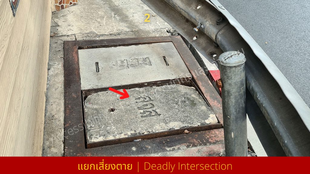 ภาพ ฝากปิดท่อมีคำว่า สจส สภาพทางเท้าที่แคบเกินกว่าคนจะเดินได้