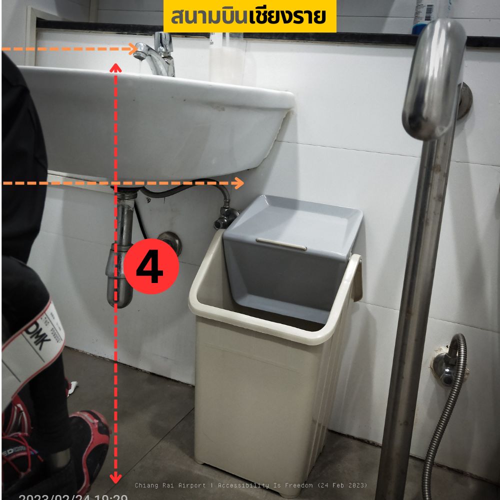 ภาพ ใต้อ่างล้างหน้าที่ต่ำมาก ซาบะใช้หัวเข่าวัด ตีเส้นให้เห็นระยะ เข้าไม่ได้