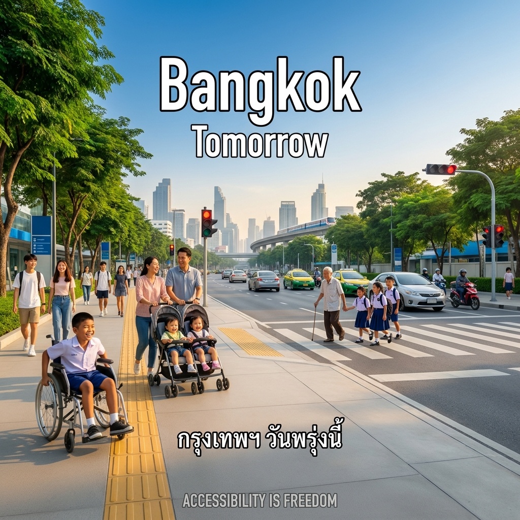 A Thai boy in a wheelchair smiles on a wide, smooth Bangkok sidewalk. Behind him, a family pushes a double stroller. Yellow tactile paving for the visually impaired runs along the inner edge of the left sidewalk — at the 2/4 innermost portion, building side, away from the curb. A single wide crosswalk: an elderly man with a cane holds hands with a schoolgirl as they cross, with two more schoolchildren behind them. Cars and motorcycles stopped behind the white stop line; red traffic light. Golden-hour sky, BTS Skytrain on elevated tracks, modern skyline, green trees.