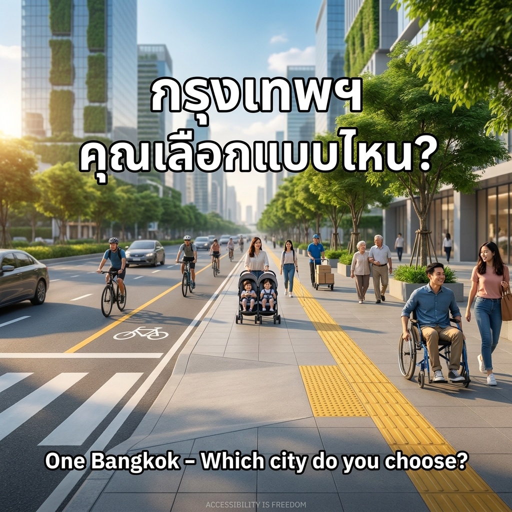 Bangkok sidewalk, blue sky, modern towers. Yellow tactile paving. Wheelchair user with companion. Blind pedestrian with white cane. Mother with stroller, elderly couple. Text: Bangkok, which city? ACCESSIBILITY IS FREEDOM.