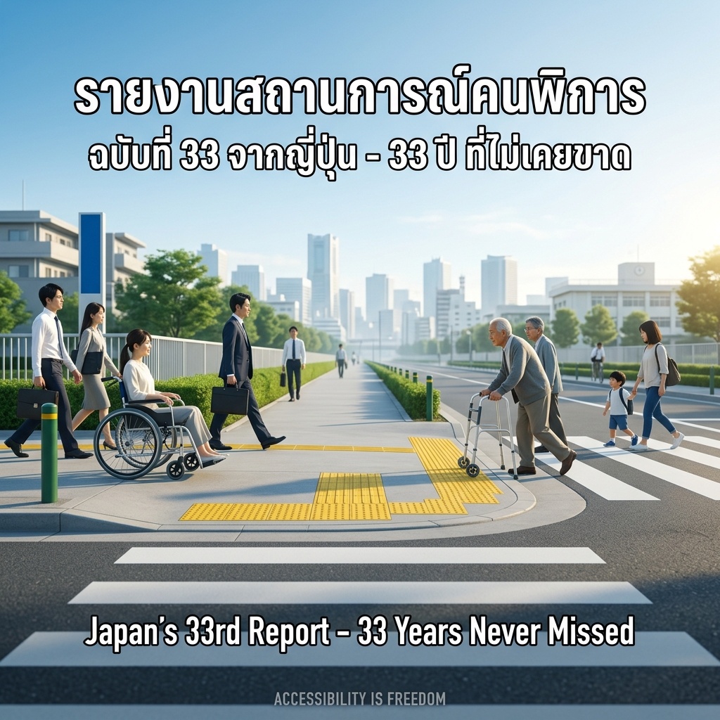 Morning in Japan: a wheelchair user glides along a wide, obstacle-free sidewalk; an older adult with a walking frame crosses the zebra. Tactile paving, ramp and crosswalk form one path — the japan disability white paper 2026.