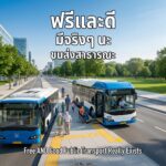 รถเมล์ไฟฟ้าสีน้ำเงินขาวคุกเข่าที่ป้าย ทางลาดกาง ผู้ใช้รถเข็นกำลังเข็นขึ้นรถ คนขับยิ้มต้อนรับ ครอบครัว ผู้สูงอายุถือวอล์กเกอร์ นักปั่นจักรยานร่วมใช้ถนน ทางเท้ากว้าง แผ่นนำทางสีเหลือง ฟรีและดีมีจริงๆ นะ