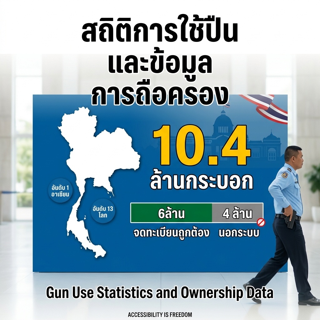 White Thailand map on deep blue panel: 10.4 million guns. Green bar 6M registered, gray bar 4M unregistered. Badges: 1st in ASEAN, 13th in world. Official in light blue shirt walks past, holstered handgun at waist, never drawn.