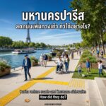 Paris Seine promenade. Eiffel Tower, blue sky. Man with white cane on yellow tactile path. Wheelchair user with companion. Elderly couple. Children play soccer. Headline: reduce roads, increase sidewalks. ACCESSIBILITY IS FREEDOM.