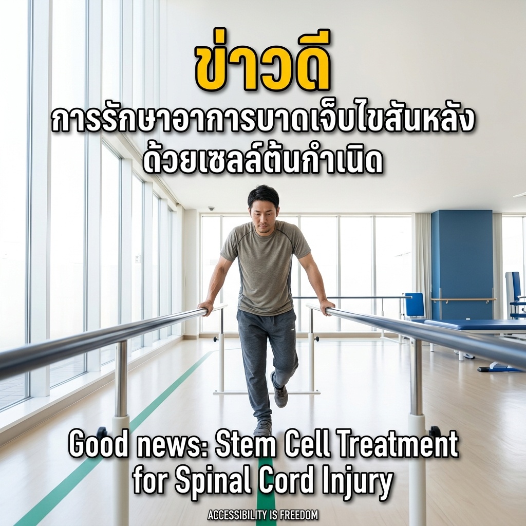 A man with spinal cord injury walks on parallel bars, both hands gripping, gaze fixed ahead in a bright hall — hope for spinal cord injury stem cell treatment. Text: 'Good news: Stem Cell Treatment for Spinal Cord Injury.'