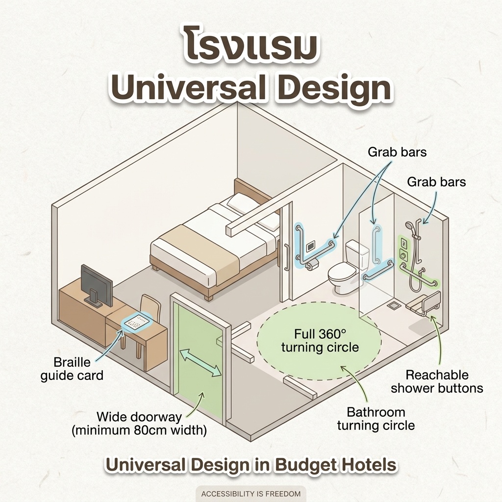 ภาพอินโฟกราฟิกมุมมอง 2.5D ของห้อง Heartful Room Type A โรงแรม Toyoko Inn แสดงแผนผังห้องนอนพร้อมพื้นที่โล่งข้างเตียง และห้องน้ำขนาดใหญ่สำหรับหมุนรถเข็นได้รอบ 360° พร้อมราวจับในห้องน้ำ ป้ายอักษรเบรลล์บนโต๊ะ และฝักบัวควบคุมระดับเอว เน้นสีเขียว-ฟ้า พร้อมข้อความทับ "โรงแรม Universal Design" และ "Universal Design in Budget Hotels"