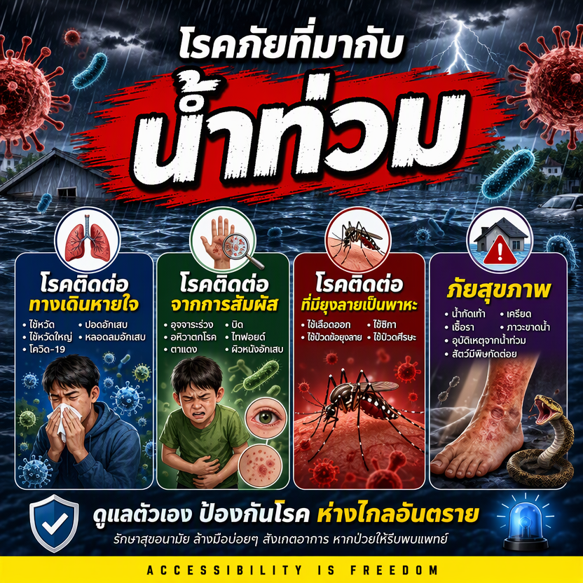 Infographic of flood water diseases in a flood scene. Four groups: respiratory, contact-spread, mosquito-borne and other hazards, each with an icon and list. Closing advice: watch symptoms, see a doctor. ACCESSIBILITY IS FREEDOM.