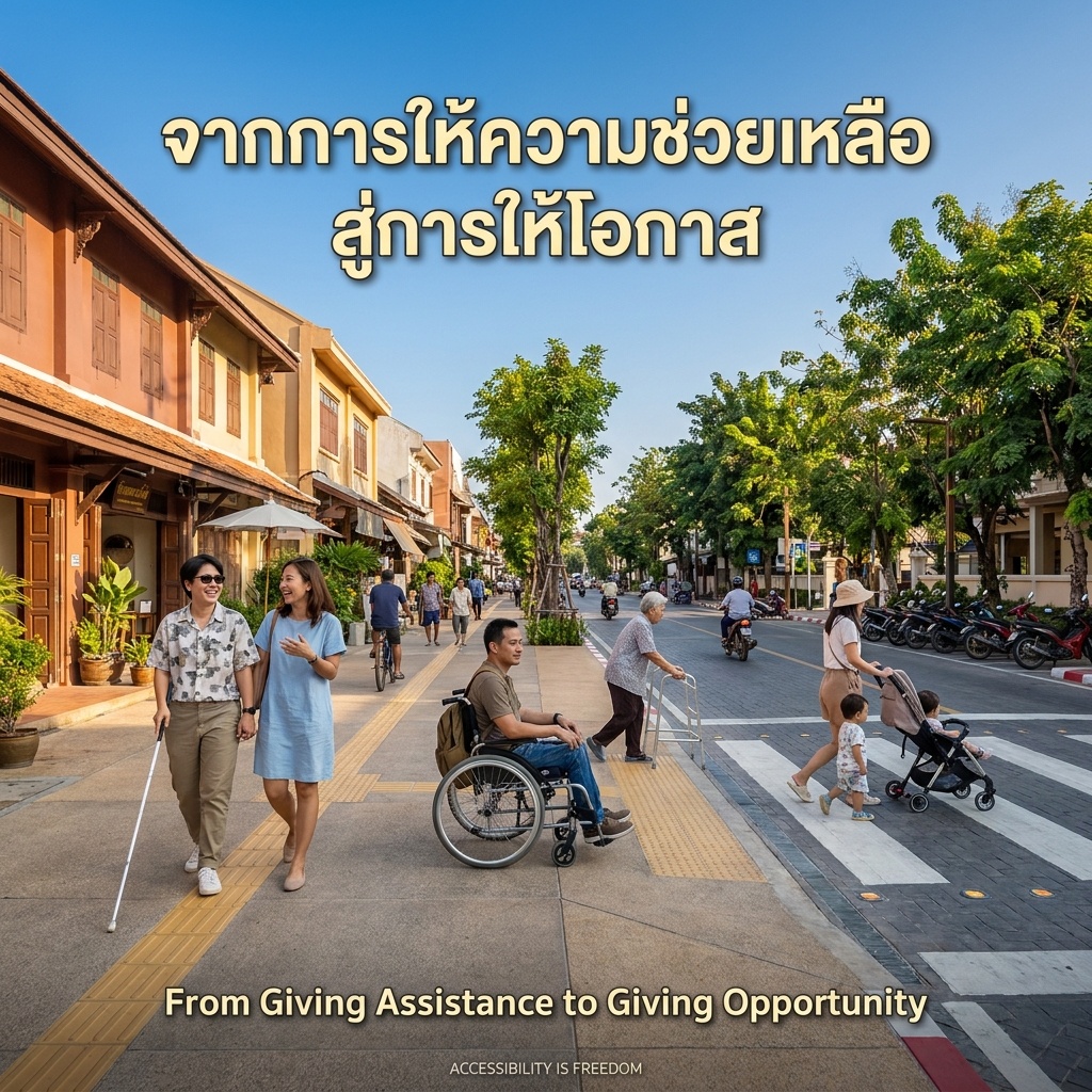ถนนไทยยามเช้าออกแบบเพื่อทุกคน ทางเท้ากว้าง มีทางเดินสัมผัส ทางลาดกลมกลืนไร้ขั้นบันได ชายตาบอดถือไม้เท้าขาวเดินคู่เพื่อน ผู้ใช้รถเข็นเคลื่อนอิสระ ผู้สูงอายุใช้ walker ข้ามถนน แม่เข็นรถเด็กทางลาดร่วมกัน