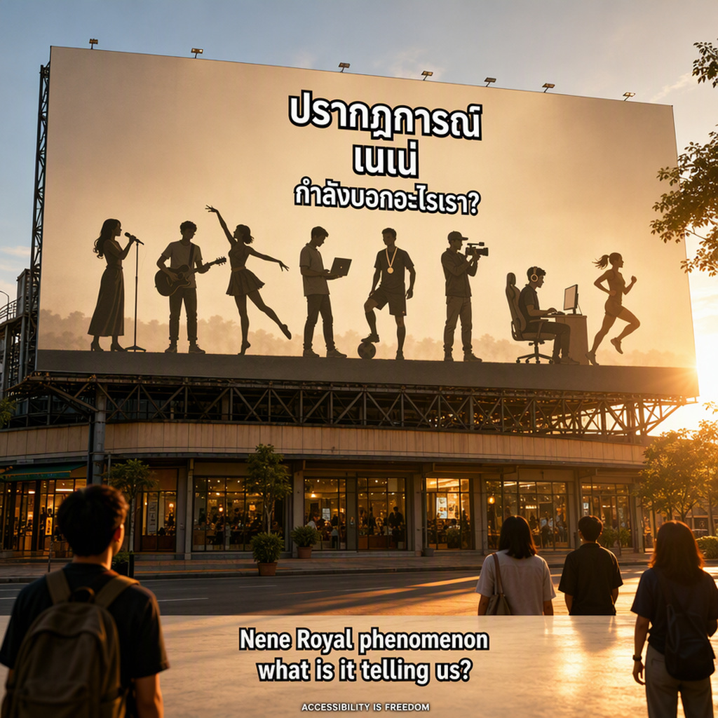 Golden hour, a Thai street. A billboard on steel legs, eight anonymous silhouettes: singer, guitarist, dancer, coder, footballer, filmmaker, gamer, runner. People look up from behind. Text: Thai headline, Nene Royal phenomenon.