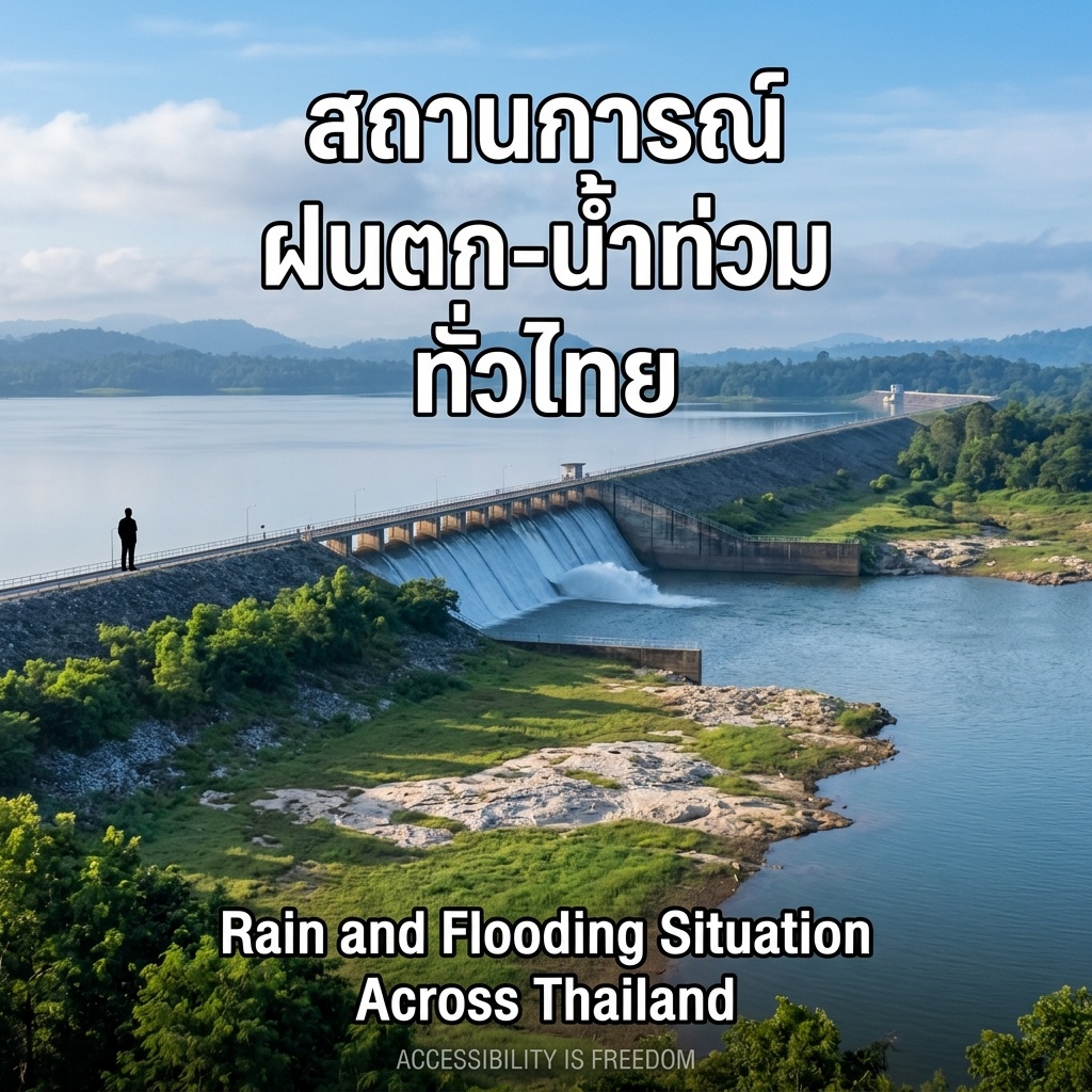 Thai dam, dawn: drawn-down shore, pale rock, grass; spillway spray; one person, back turned, silhouette on left crest; calm reservoir, hazy ridges. Thai headline top, English sub-headline below, ACCESSIBILITY IS FREEDOM watermark.