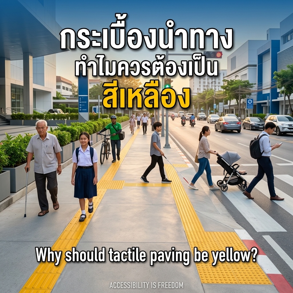 Golden-hour walkway: a yellow tactile paving strip guides everyone — elderly man with cane, mother with stroller, white-cane user walking confidently. A shallow ramp meets the zebra crossing. Inclusive, hopeful.